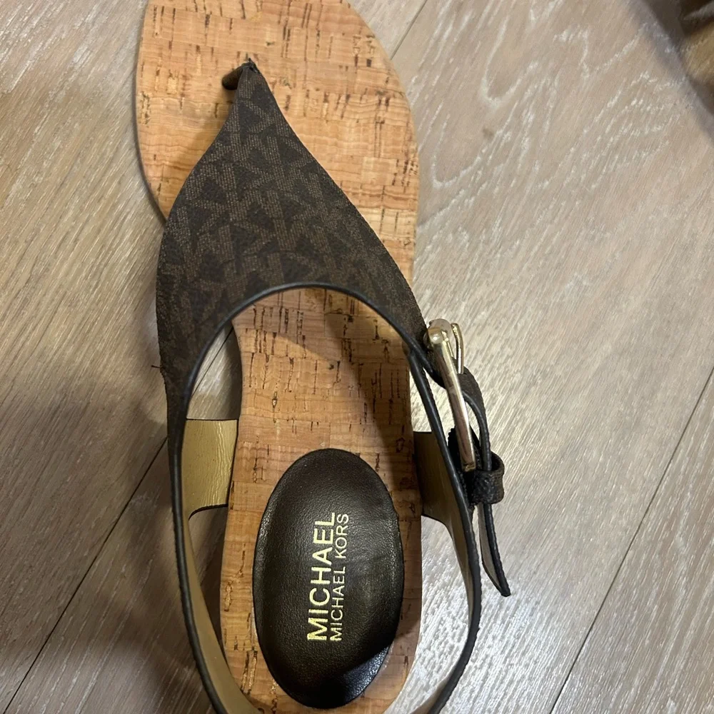 Michael Kors Brown Cork Thong Sandals with Gold Buckle